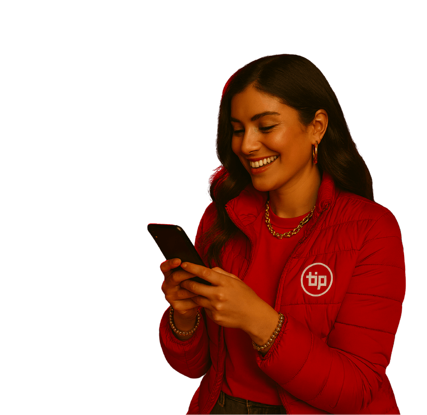 Mulher sorrindo usando celular com blusa vermelha TIP